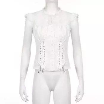 French Style Lace-up Crope Shirt Top Sweet White Blouse Women Ruffle Sleeveless Shirts Summer M белый