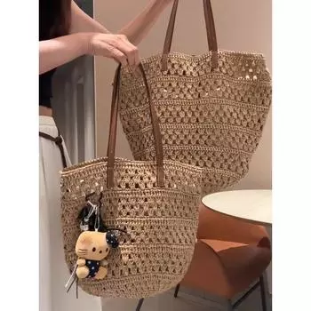 French style Lafite Straw Bag Women s Bag 2025 New Summer Super Hot Vacation Woven Bag Women Large Capacity Tote Bag Khaki trumpet