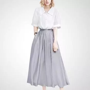 French Style New High Waist Skirt Young Adult Lady like Woman White Shirt White + Grey XL