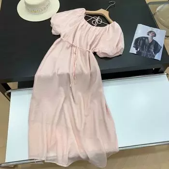 French Style Puff Sleeve Dress Women s Summer Fancy Waist-Tight Lady Style Dress G#10 Pink 1 One size