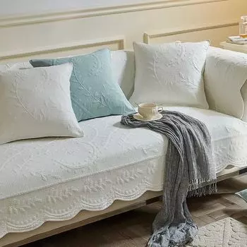 French Style Pure Cotton Sofa Cushion Minimalist Modern All Year Round Neutral Non-Slip Fabric Cushion Leather Sofa Cover Cover Cloth Fishing Boat Sing Evening-White Pillowcase 45*45cm