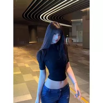 French Style Pure Desire Half Turtleneck Shoulder Half Sleeve T-Shirt Women s Summer Silm Black Slim Looking Sexy Short Elegant Tops Black S