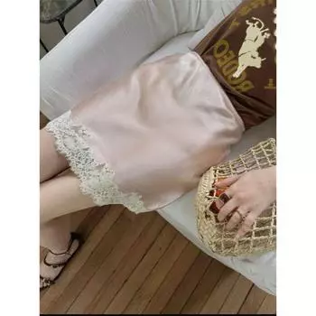 French style Retro Pink Lace Stitching High Waist Sheath Short dress Summer Old Qian Feng Wear Acetic Acid Satin Skirt Pink S