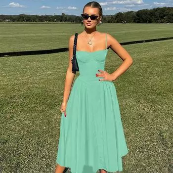 French style Retro Solid Sling Dress 2025 Summer Wear Royal Sister Waist Hugging Slimming Temperament over the Knee Long dress Women Green XS