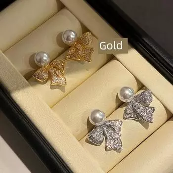 French Style S Home Bows Pearl Zircon Earrings Female Sterling Silver Needle Light Luxury Minority Fancy Ear Studs Earrings Golden Bows Pearl Earrings