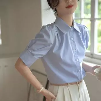 French style Short sleeve Blue Shirts Female Teacher Civil Servant Career Guest look Top Education Interview Wear White Shirt Blue S