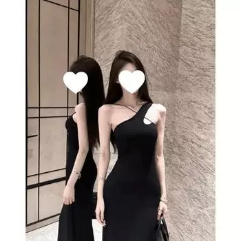 French style Sloping Shoulder Dress Women Summer Pure Desire Style Temperament Slim fit Slimming Tight Royal Sister Sexy Sheath Long Skirt Black S