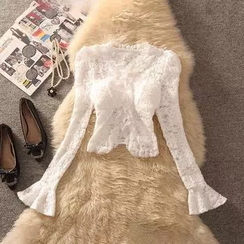 French style Socialite Style V-neck Long sleeve Lace Shirt Women Autumn New Slim fit Slimming Split Bottoming Bell Sleeve Top White M