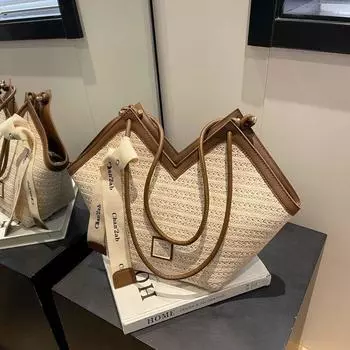 French Style Straw Woven Bag Women s 2025 New Arrival Summer Niche Style Seaside Beach Woven Bag Large Capacity Shoulder Tote Bag White with Brown