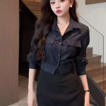French Style Temperament Polo Collar Stripes Single-Breasted Long Sleeve Shirt Women s Early Autumn New Design Sense Outwear Slim Looking Tops Navy blue XXS