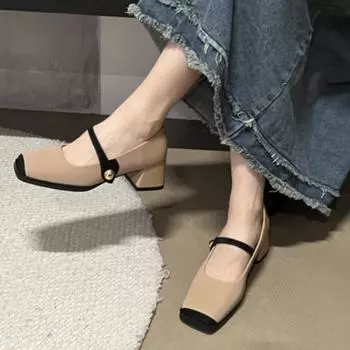 French Style Tweed Mary Jane Flats Women s Shoes 2024 New Spring Autumn Square Toe Black Evening Shoes Rubber Upper Material 35 чёрный