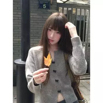 French Style V-neck Bows Sweater Women s Fall and Winter Short Slimming Fancy Chic Casual Sweater Inner Wear Blouse Grey S(Suggested 37.50 kg-47.50 kg)
