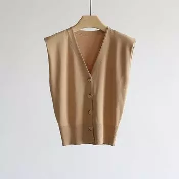 French Style V-neck Ice Silk Qu Zhu Short Tup Cardigan Camel color One size