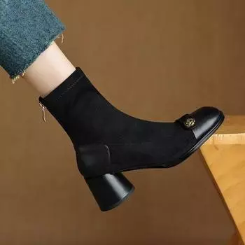 French suede high-heeled short boots autumn and winter 2024 new thick heel velvet inner square head thin boots Martin boots women s elastic boots 35