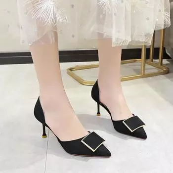French Suede High Heels 2024 Spring New Daily Versatile Pointed Thin Heel Sandals Hollow and Simple Comfortable Single Shoe 34 чёрный