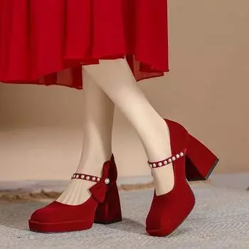 French suede high heels Women 2024 New sexy red Mary Jane shoes Elegant pearl buckle wedding dress shoes platform women s shoes 35 красный