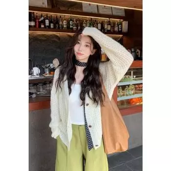 French sweet style hollow yellow women s knitted cardigan, spring and autumn new lazy fashion jacket loose7052# one size fits all