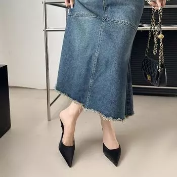 French temperament bag head half slippers women s shoes wear 2025 new summer thin heel pointed black high heel sandals 35 чёрный