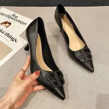 French temperament high heels women s thin heels commuting comfortable fashion shoes pointed square buckle shallow mouth not tired feet spring 34