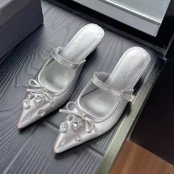 French temperament pointed wedge heel shoes single shoes women s shoes 2025 new rhinestone fashion bag head empty sandals 35