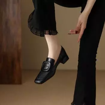 French temperament retro loafer small leather shoes British style thick heel low heel one pedal comfortable deep mouth square buckle single shoes wome 34 чёрный