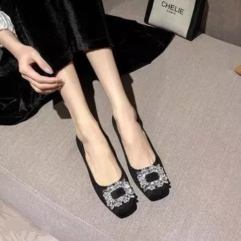 French temperament rhinestone single shoes women s gentle wind square buckle shallow mouth flat bottom 2025 spring new work beanie shoes women 35 абрикосовый