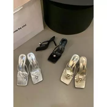 French temperament sandals high-end flip-flops women s shoes wear 2024 new summer high heels sandals 35 чёрный