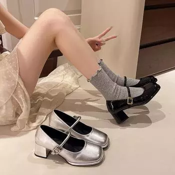 French temperament single shoes women s 2024 new women s autumn thick heel medium heel versatile square head light mouth with skirt shoes 35 чёрный