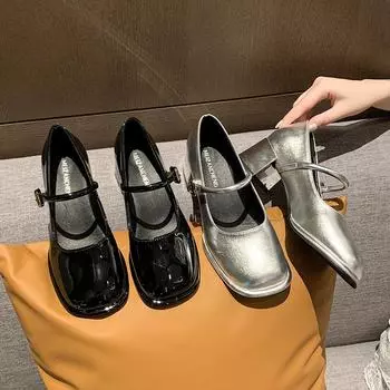 French temperament single shoes women s 2024 new women s autumn thick heel medium heel versatile square head light mouth with skirt shoes 35 серебряный