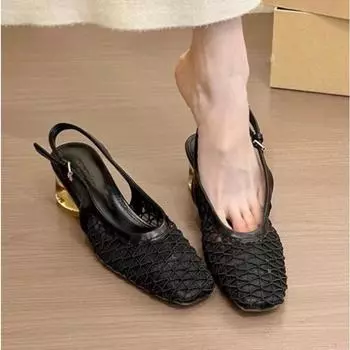 French Temperament Square Head Braided Bag Head Backspace Sandals Spring and Summer New Fashion Crystal Single Shoes Dark Brown 35