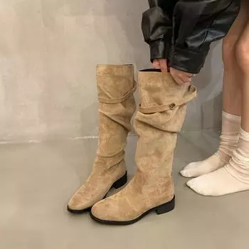 French thick heel apricot suede piled boots women s shoes 2024 new spring and autumn winter versatile thin long boots 35 темно-коричневого