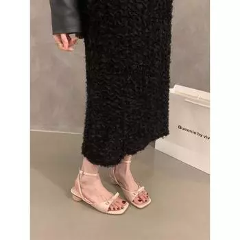 French thick heel silver thin strap sandals fairy shoes 2024 new summer with skirt bow Roman shoes 35 чёрный