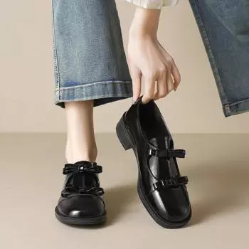 French thick heel single shoes women s black bow patent leather small leather shoes 2025 spring and autumn one-pedal soft-soled loafers 35 чёрный