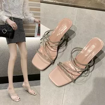 French thick-heeled rhinestone sandals women s summer wear 2025 new fairy style high-end temperament high-heeled sandals 35