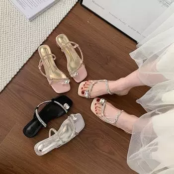 French thick-heeled sandals women s summer wear with skirt rhinestone fairy high heels cover toes beautiful cool slippers 35 шампанского