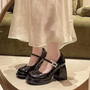 French Thick High Heels Mary Jane Shoes Womens Round Head Rhinestone Buckle Belt Patent Leather Casual Pumps Zapatos De Mujer 35 бежевый