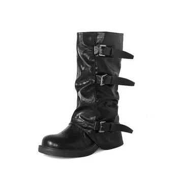 French thick-soled belt buckle western cowboy boots women s thick heel mopping pleated pile boots medium long tube pants tube boots 35