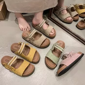 French thick-soled half-drag women s outer wear 2025 new beaded bow temperament Mary Jane women s shoes one-pedal slippers 35 хаки