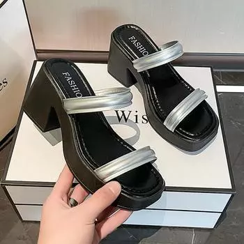 French thick-soled small man height-increasing silver slippers women s summer wear fashionable and simple word with wedge heel high-heeled sandals 35 чёрный