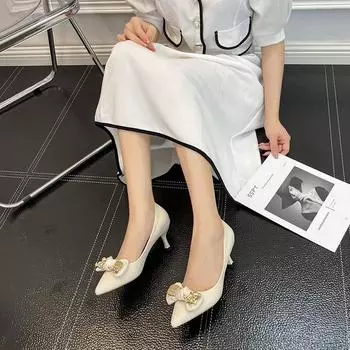 French wedding shoes autumn and winter new bow high heels women s thin heels pointed fashion sexy single shoes women s shoes 35 зелёный