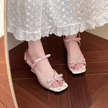 French wedge slippers 2025 summer new niche women s head temperament open-toed word with bow high-heeled sandals 35 чёрный