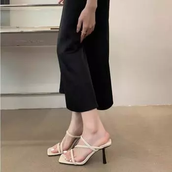 French white high heels 2024 summer new stiletto fairy style word with sandals versatile square head cool slippers 35
