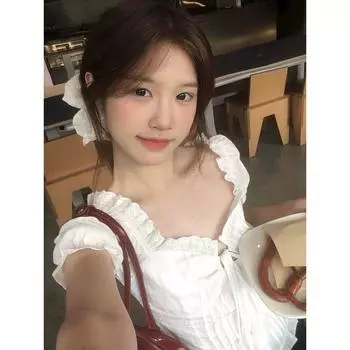French White Lace Lace Puff Sleeve Shirt Women s Summer Korean Style Stylish Sweet Sexy Unique Waist-Controlled Top White S