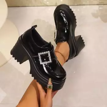 French women s 2024 new small men wear thick heels and platform soles, fashion single shoes, rhinestones, and small leather shoes are trendy. 35 чёрный
