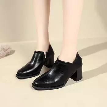 French Women s Square Toe High Heels 2025 Spring and Autumn New Style Thick Heel Deep Mouth Side Zipper Women s Single Shoes 35 чёрный