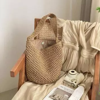 French Women s Summer Seaside Vacation Beach Artsy Woven Bag Khaki
