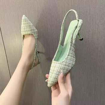 French Xiaoxiangfeng high-heeled bag head sandals women s 2024 new summer thin heel pointed foot cover fashionable and comfortable single shoes 34 морской синий