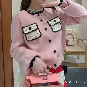 French Xiaoxiangfeng temperament sweater jacket women s autumn new loose age-reducing design sense niche knitted cardigan women one size fits all розовый