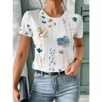 Frenchy Solid Eyelet Вышивка Круглый вырез Белая футболка Commute Минималистичный Офис Old Money Simple Commute Минималистичный Офис Old Money Simple S