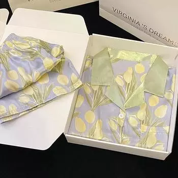 Свежая и элегантная женская летняя пижама с принтом тюльпанов, повседневная пижама в корейском стиле, новая женская домашняя одежда M